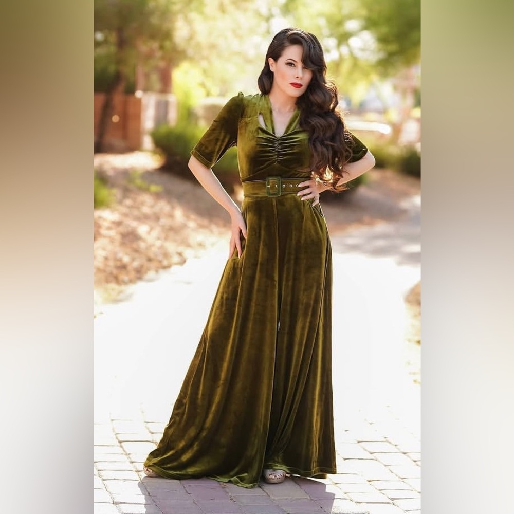 Boulevard Nights Charleston Jumpsuit. Comfy Olive Green stretch velvet! WIDE LEG